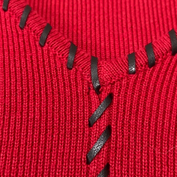 Red V-Neck Sweater with Black Trim - Picture 3 of 7